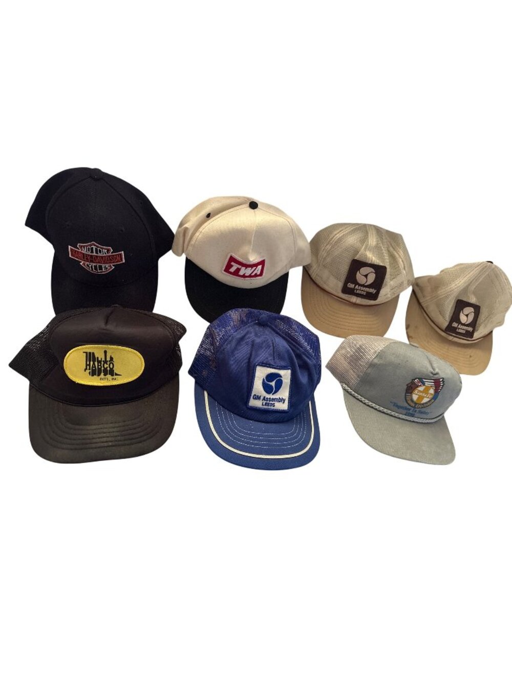 Vintage Trucker Hat Lot Of 7 Snapback Caps Harley-Davidson TWA Trains Bike Car